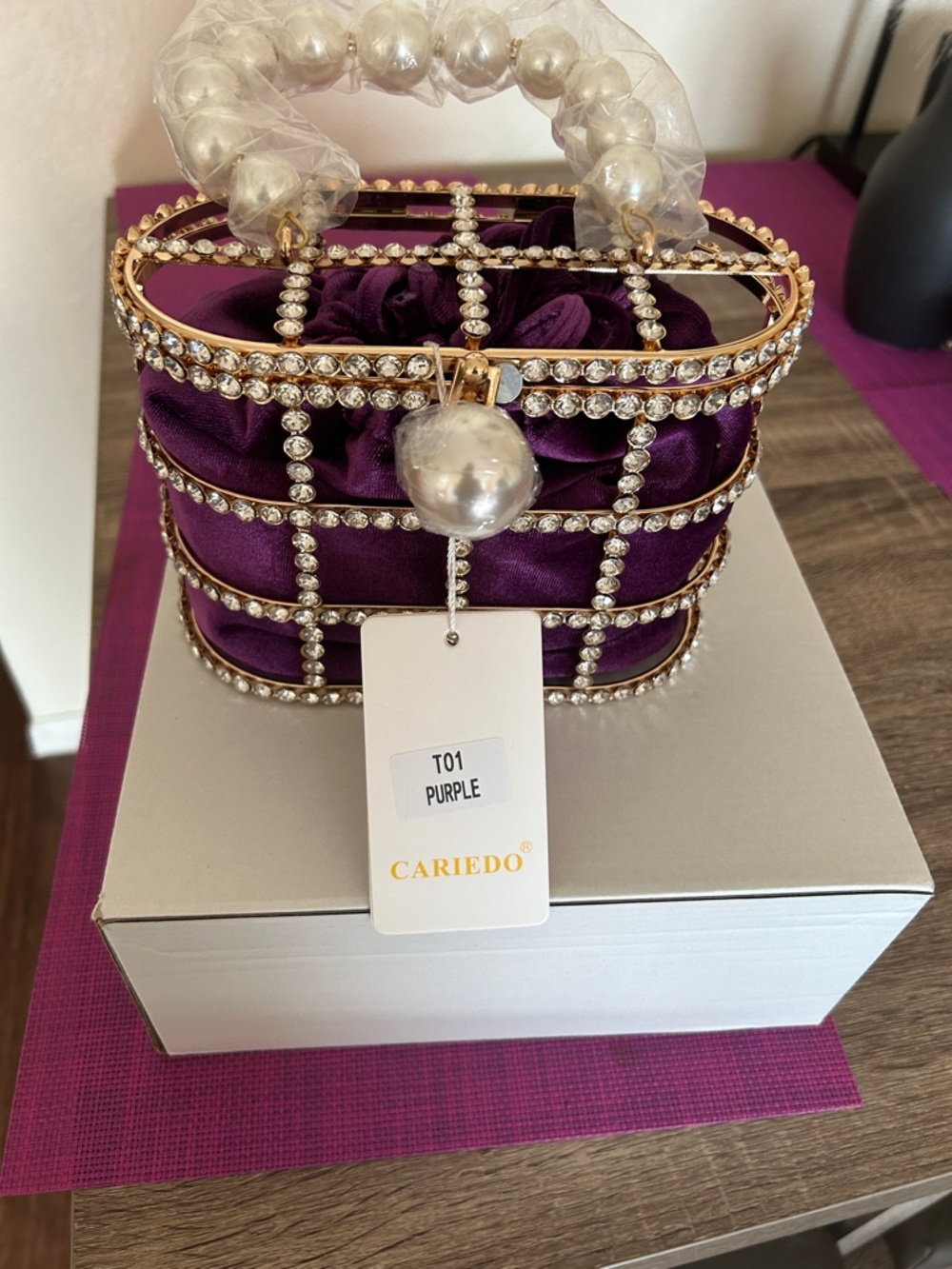 Cariedo Purple Crystal Cage Evening Clutch with Pearl Handle